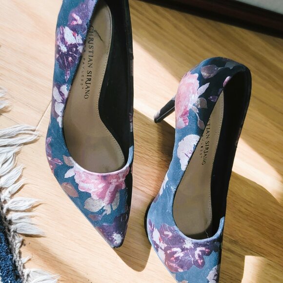 Chic Black Floral Pink Cream Lilac Design Silk Sheen Stiletto Heels 5.5 Comfort - Picture 14 of 16
